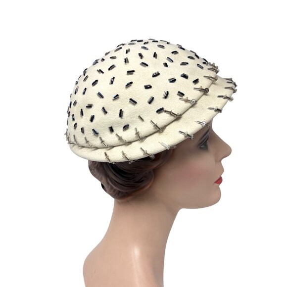 Vintage 1950s Beaded Hat Cream Blue Silver Sequin Cocktail Party Round Cap main image 9